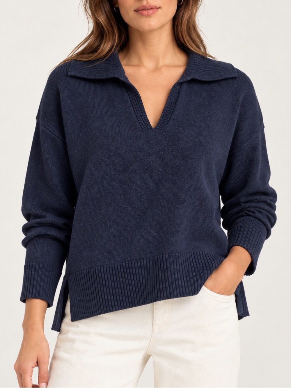 NWT Elie Tahari Collared V Neck Sweater in Sky Captain Navy - L